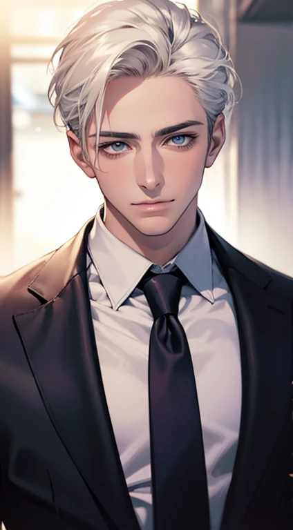 (Highest quality,4K,8K,High resolution,masterpiece:1.2),Super detailed,(Realistic,photoRealistic,photo-Realistic:1.37),1 person,31 years old,Mature Men,Beautiful skin、very handsome,Expressionless,smile,Short white hair,blue eyes,Sharp Eyes,A perfect face without a doubt,Businessman,Office Background,Cinema Lighting,HDR image,tie、