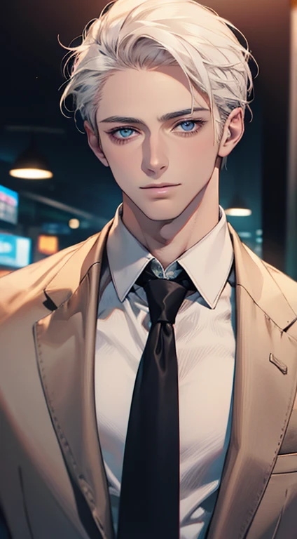 (Highest quality,4K,8K,High resolution,masterpiece:1.2),Super detailed,(Realistic,photoRealistic,photo-Realistic:1.37),1 person,31 years old,Mature Men,Beautiful skin、very handsome,Expressionless,smile,Short white hair,blue eyes,Sharp Eyes,A perfect face without a doubt,Businessman,Office Background,Cinema Lighting,HDR image,tie、