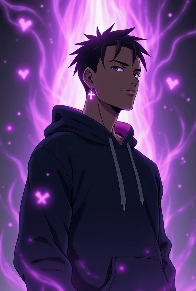 Describe a young black man with short braids, wearing a black sweatshirt. He wears a cross-shaped earring that glows slightly.. The design is inspired by the anime Jujutsu Kaisen, capturing the essence of the anime characters. Around her, a vibrant purple aura emanates, giving a mystical and powerful touch to the image. The background may include elements reminiscent of the supernatural universe of Jujutsu Kaisen, like shadows or mystical symbols, complementing the character&#39;s unique atmosphere.