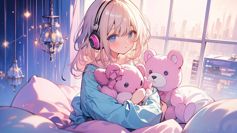 conceptual artwork. medium shot. A girl with blonde hair and blue eyes is sitting on her pink bed, wearing pink teddy bear pajamas, surrounded by stuffed animals, listening to music on her headphones in a pink room with a large window overlooking a raining cityscape. medium shot. color palette Vibrantes. Soft lighting from the large window. Dynamic view with the city below and the sky raining. Triadic color scheme with hints of blue in her eyes and city lights. Pastel colors and soft gradients for the pink bedroom and white teddy bear pajamas and a teddy bear. Detailed textures of stuffed animals and the city. high qualiy, 8K resolution, incredibily detailed