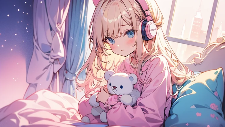 conceptual artwork. medium shot. A girl with blonde hair and blue eyes is sitting on her pink bed, wearing pink teddy bear pajamas, surrounded by stuffed animals, listening to music on her headphones in a pink room with a large window overlooking a raining cityscape. medium shot. color palette Vibrantes. Soft lighting from the large window. Dynamic view with the city below and the sky raining. Triadic color scheme with hints of blue in her eyes and city lights. Pastel colors and soft gradients for the pink bedroom and white teddy bear pajamas and a teddy bear. Detailed textures of stuffed animals and the city. high qualiy, 8K resolution, incredibily detailed