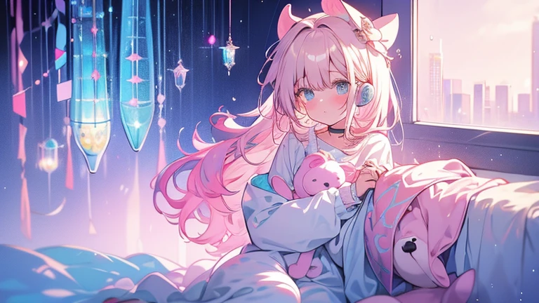 conceptual artwork. medium shot. A girl with blonde hair and blue eyes is sitting on her pink bed, wearing pink teddy bear pajamas, surrounded by stuffed animals, listening to music on her headphones in a pink room with a large window overlooking a raining cityscape. medium shot. color palette Vibrantes. Soft lighting from the large window. Dynamic view with the city below and the sky raining. Triadic color scheme with hints of blue in her eyes and city lights. Pastel colors and soft gradients for the pink bedroom and white teddy bear pajamas and a teddy bear. Detailed textures of stuffed animals and the city. high qualiy, 8K resolution, incredibily detailed