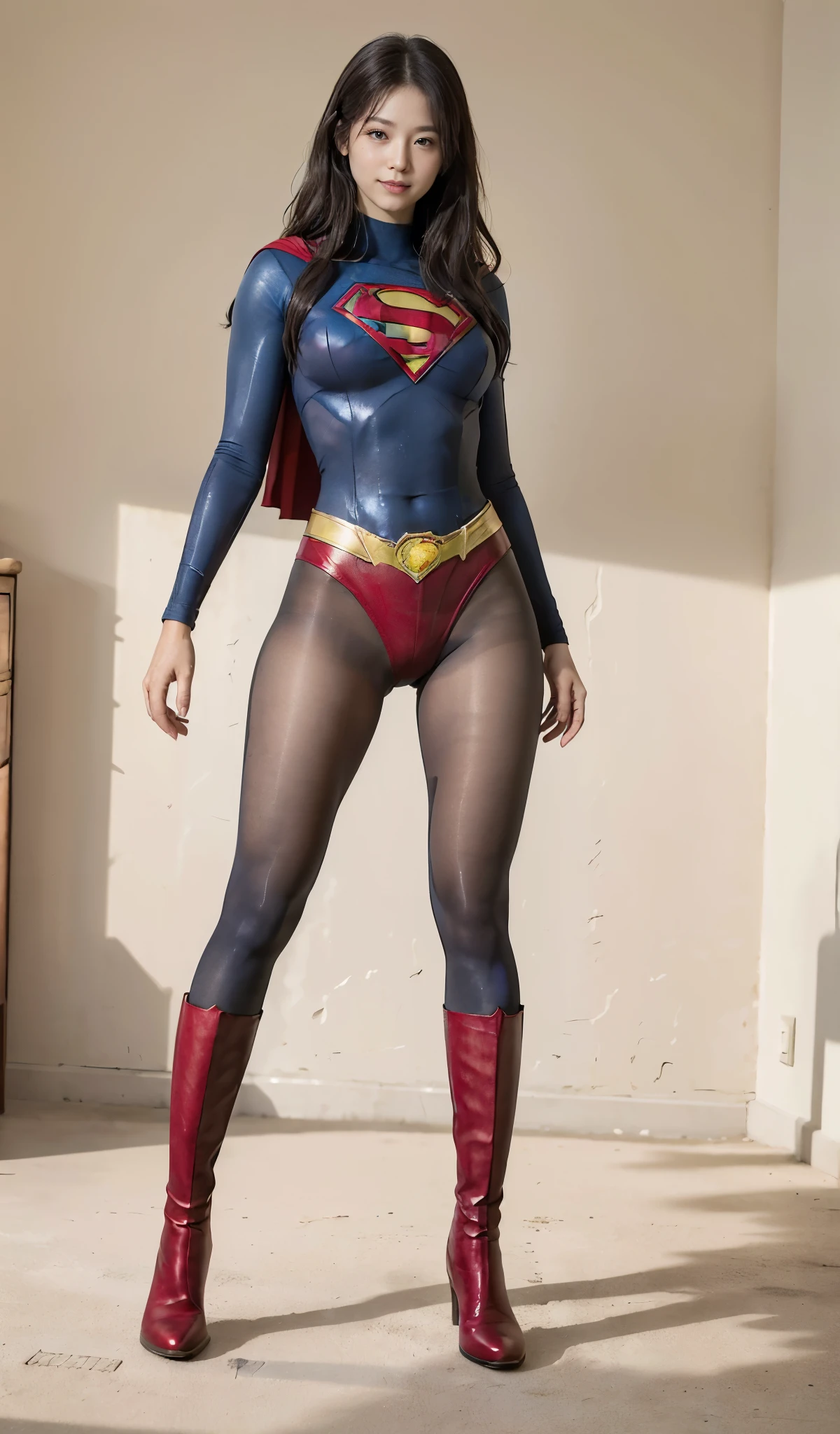 No background、(((Beautiful legs in black tights.)))、(((Legally express the beauty of your smile)))、((((Make the most of your original images)))、(((Supergirl Costume)))、(((Beautiful Hair)))、(((suffering)))、(((Please wear black tights....、Wear red boots)))、((Best image quality、8k))、((Highest quality、8k、masterpiece:1.3))、(((Preserve background )))、Sharp focus:1.2、Beautiful woman with perfect figure:1.4、Slim Abs:1.2、Wet body:1.5、Highly detailed face and skin texture、8k