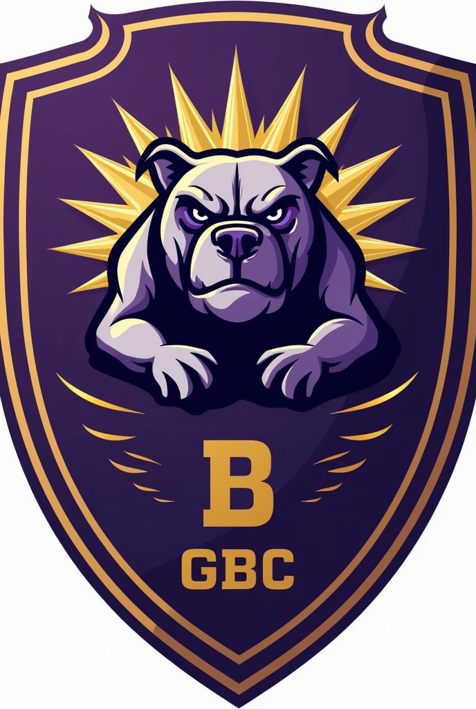 Create a shield for a football team called Barbalho GBC in Portuguese, purple and gold colors, bulldog