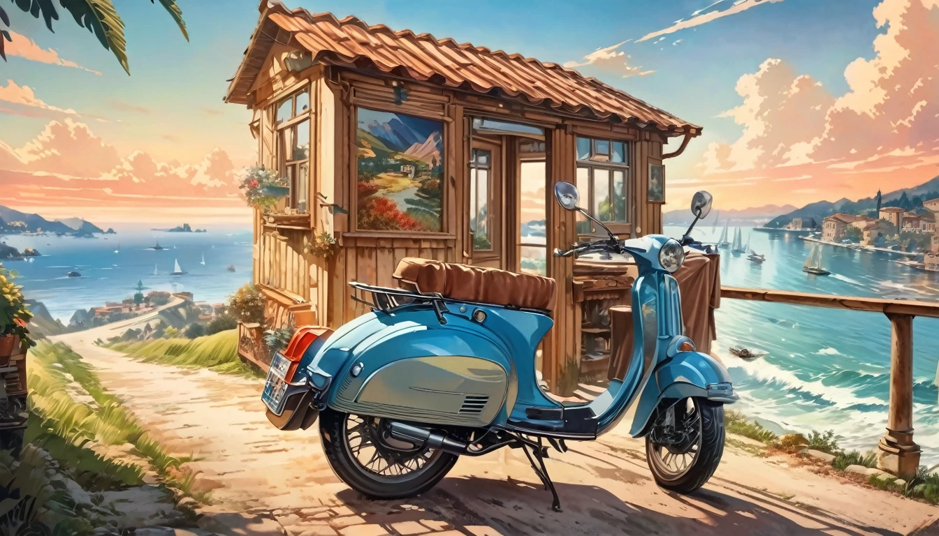 Historical masterpieces,Italian coast at dusk,Picture of a retro moped parked on the road, Beautiful artwork, OutRun art style, Beautiful digital art, Great art style, Retro style, Landscape Background,, Highly detailed digital painting,Watercolor style, super Realistic painting style, Detailed 4K painting, Realistic painting style, Awesome Wallpapers