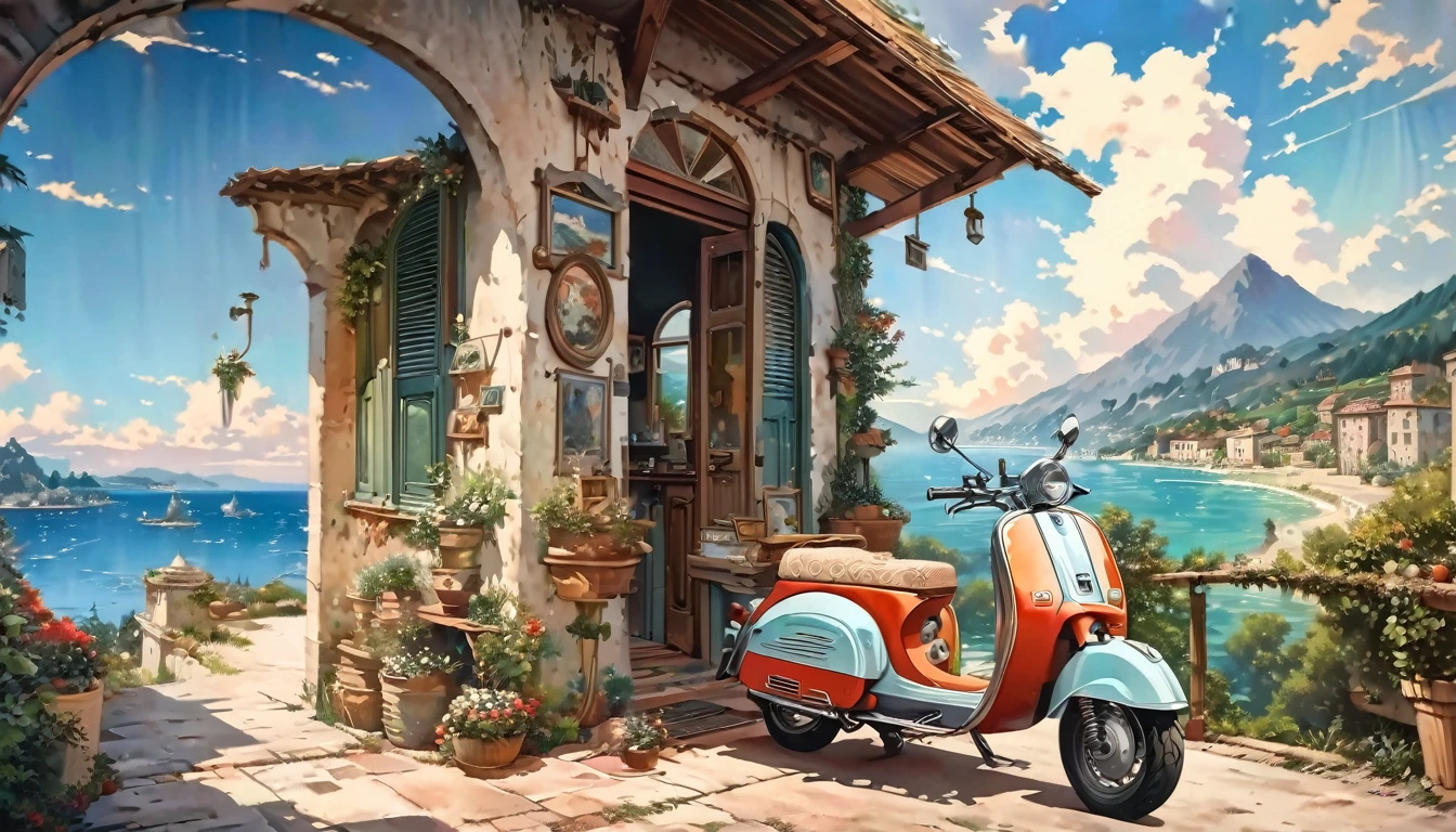 Historical masterpieces,Italian coast at dusk,Picture of a retro moped parked on the road, Beautiful artwork, OutRun art style, Beautiful digital art, Great art style, Retro style, Landscape Background,, Highly detailed digital painting,Watercolor style, super Realistic painting style, Detailed 4K painting, Realistic painting style, Awesome Wallpapers