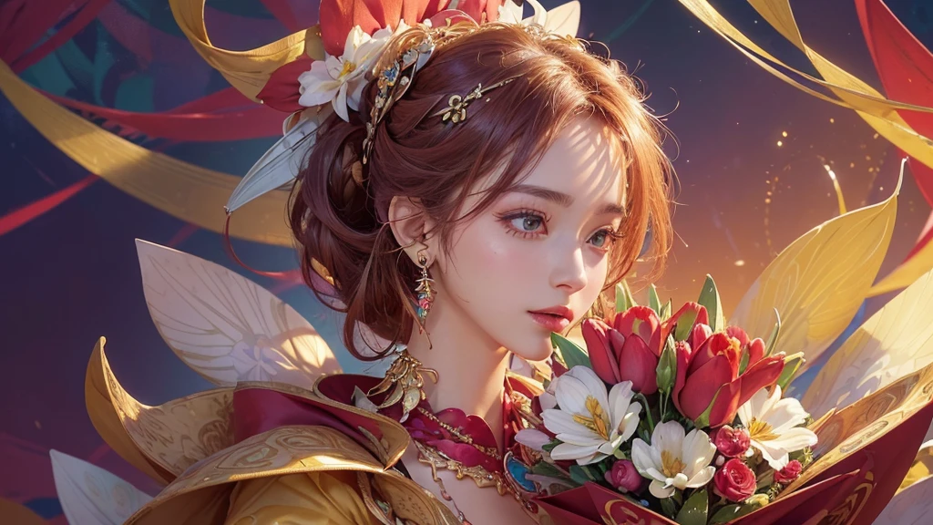 32K, 最高quality, 最高masterpiece, (ultra-Detailed Background, Detailed Background), High resolution, Super detailed, Very detailedな, 1 personの, (bouquet:1.3), (Tangled:1.2), (Geometric:1.2),(colorful),(masterpiece, quality, best quality, Official Art, Beautiful and beautiful:1.2), (1 person:1.3), Very detailed,(colorful:1.1)(Flowers:1.3),Most detailed,(Tangled:1.2), whole body, (Abstract background:1.3), (Skin glows), (Many colors:1.4), ,(Earrings Jewelry:1.5), Pale Red Background, It's imaginative., Milk tea colored hair, Updo,