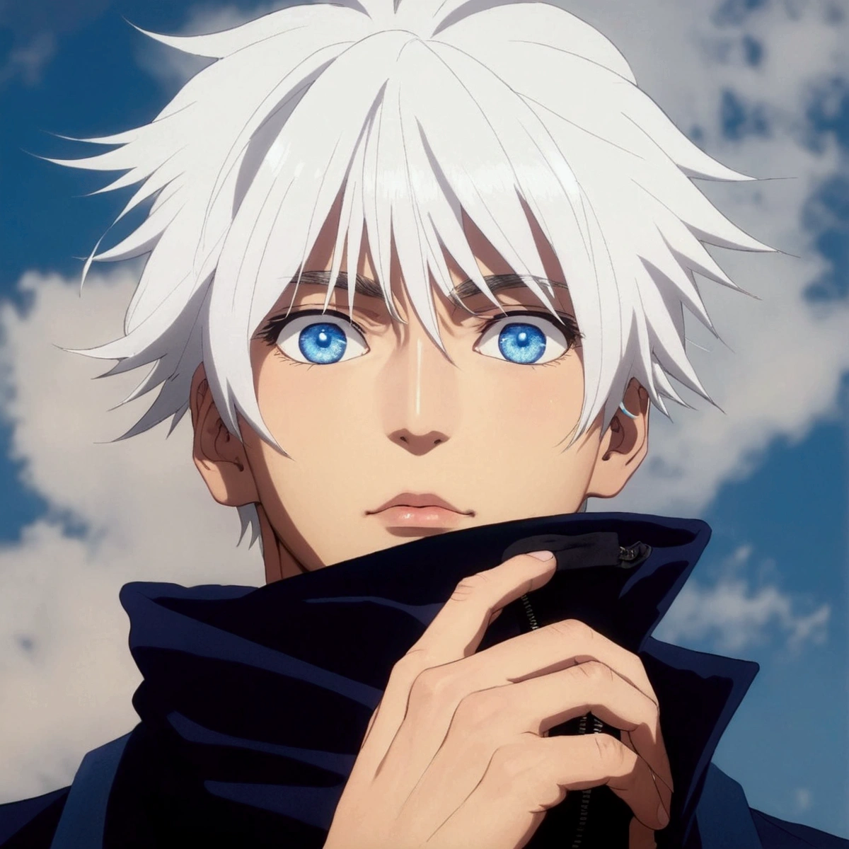 a handsome Asian male, with white hair. has very vibrant blue eyes. Wears a dark blue zip-up jacket with a high collar that's also fairly wide.