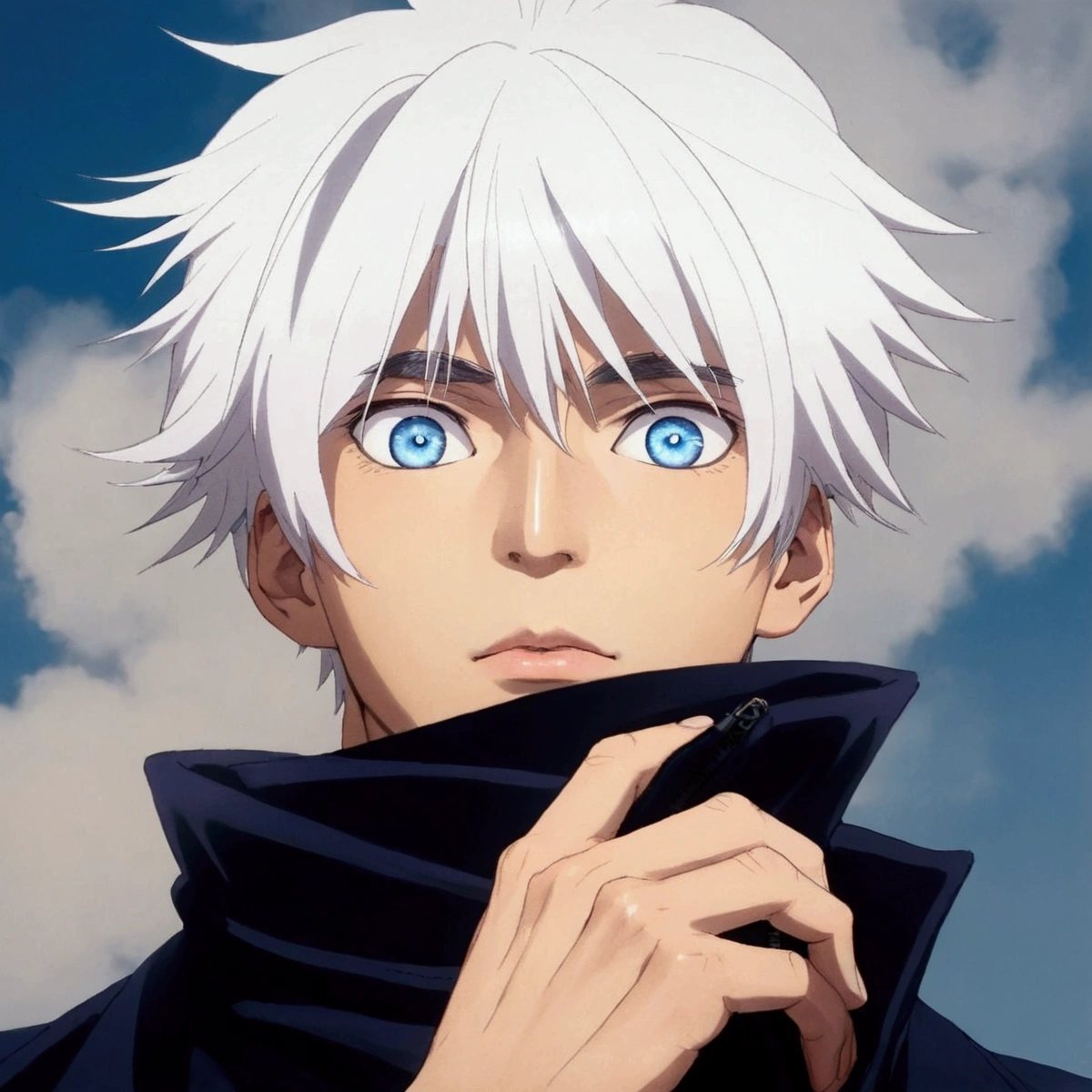 a handsome Asian male, with white hair. has very vibrant blue eyes. Wears a dark blue zip-up jacket with a high collar that's also fairly wide.