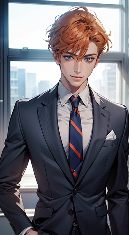 (Highest quality,4K,8K,High resolution,masterpiece:1.2),Super detailed,(Realistic,photoRealistic,photo-Realistic:1.37),1 person,33 years old,Mature Men,Beautiful skin、very handsome,Expressionless,smile,Short gray pi
Orange hair,blue eyes,Sharp Eyes,A perfect face without a doubt,Businessman,Office Background,Cinema Lighting,HDR image,tie、
