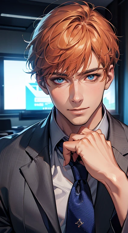 (Highest quality,4K,8K,High resolution,masterpiece:1.2),Super detailed,(Realistic,photoRealistic,photo-Realistic:1.37),1 person,33 years old,Mature Men,Beautiful skin、very handsome,Expressionless,smile,Short gray pi
Orange hair,blue eyes,Sharp Eyes,A perfect face without a doubt,Businessman,Office Background,Cinema Lighting,HDR image,tie、