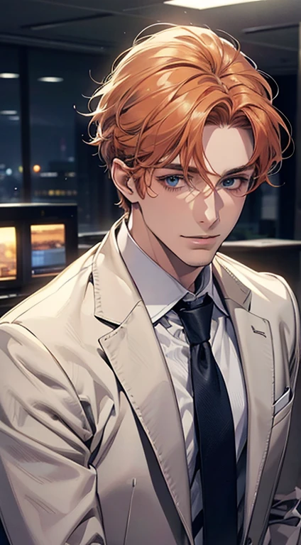 (Highest quality,4K,8K,High resolution,masterpiece:1.2),Super detailed,(Realistic,photoRealistic,photo-Realistic:1.37),1 person,33 years old,Mature Men,Beautiful skin、very handsome,Expressionless,smile,Short gray pi
Orange hair,blue eyes,Sharp Eyes,A perfect face without a doubt,Businessman,Office Background,Cinema Lighting,HDR image,tie、