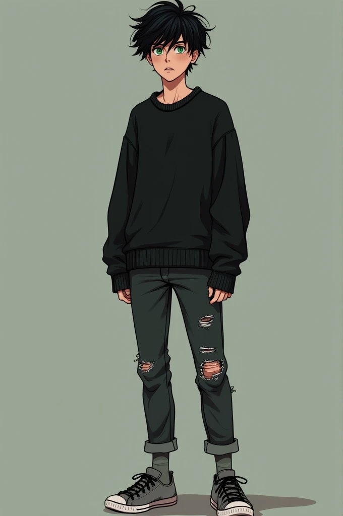 Andrew is a thin, pale-skinned young man, with emerald green eyes, eyebags being occasionally seen under, and black unruly hair.
As for his clothing, Andrew wears a slightly oversized, black sweater with its label sticking out; ripped jeans and grey trainers with black laces. Sometimes, he's seen wearing grey socks.
