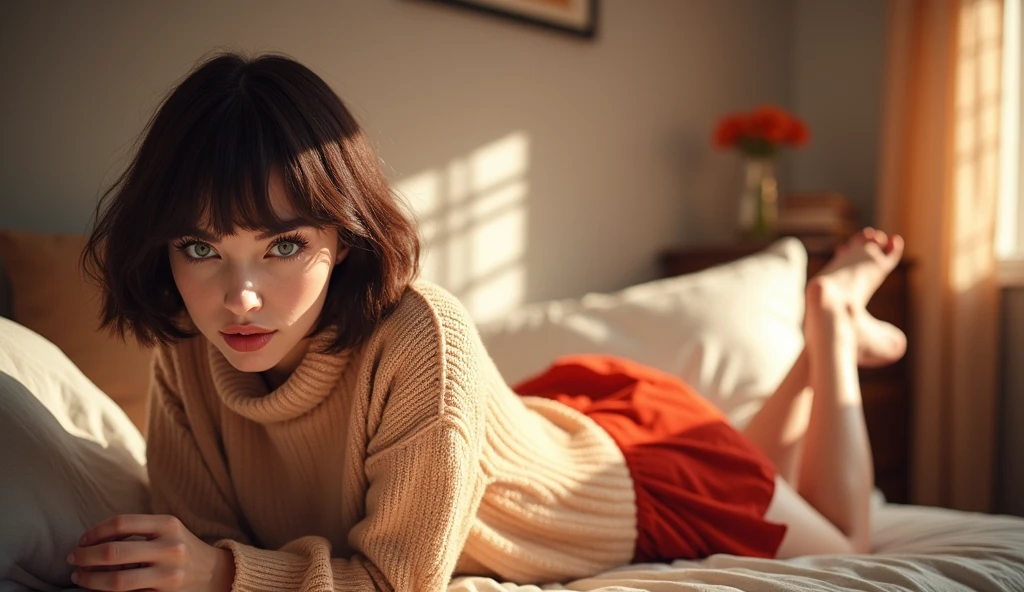 High Definition, 8K quality, masterpiece, Velma, (1 girl, solo girl) dream girl, huge breasts, beautiful face, kiss lips, short bob straight hairstyle, long bangs, perfect make up, realistic face, detailed eyes, Jade green eyes, Brown hair, eyelashes, bedroom, Lying on the bed, eyes to the viewer, orange lid, knitted sweater, turtleneck, glasses with clear lenses, red schoolgirl skirt, excited mood, Whole body,