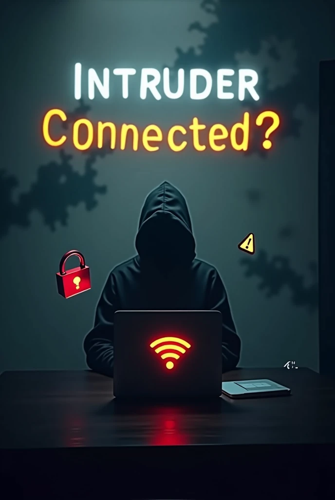 Create a dark background using shades of gray or dark blue to evoke mystery and alertness; position the silhouette of a person from the side, slightly tilted, with their face turned toward a laptop, in black or dark gray to stand out against the background; place the open laptop in front of the person, with the screen visible in profile, and add a Wi-Fi icon on the screen; over the screen or near the silhouette, add a Wi-Fi icon in white or light blue to contrast with the dark background; next to the Wi-Fi icon, insert a small broken padlock in red or orange to suggest an insecure connection; place the text "Intruder Connected?" at the top of the thumbnail in a bold, easy-to-read font, in colors like white or yellow; add a slight glow around the silhouette or the Wi-Fi icon to make them stand out more; insert a small yellow alert triangle with an exclamation point in a corner of the thumbnail to increase the sense of urgency; adjust the contrast and clarity of all elements to ensure the message is clear and attractive, even in a reduced size.