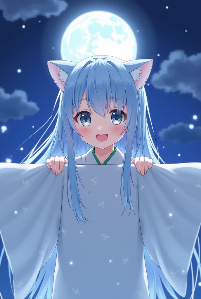 Light blue hair, long straight hair, white kimono, gray eyes, cheerful face, facing forward, white cat ears, moonlit night background, bangs, live-action