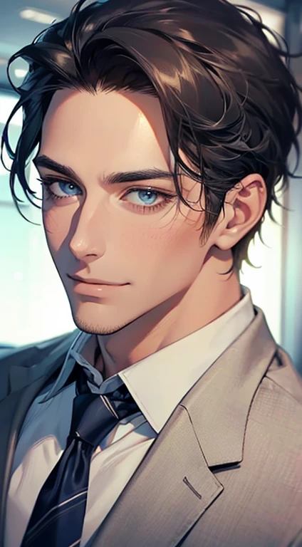 (Highest quality,4K,8K,High resolution,masterpiece:1.2),Super detailed,(Realistic,photoRealistic,photo-Realistic:1.37),1 person,32 years old,Mature Men,Beautiful skin、very handsome,Expressionless,smile,Short gray black hair,blue eyes,Sharp Eyes,A perfect face without a doubt,Businessman,Office Background,Cinema Lighting,HDR image,tie、