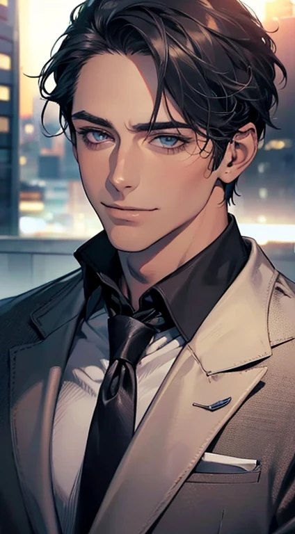 (Highest quality,4K,8K,High resolution,masterpiece:1.2),Super detailed,(Realistic,photoRealistic,photo-Realistic:1.37),1 person,32 years old,Mature Men,Beautiful skin、very handsome,Expressionless,smile,Short gray black hair,blue eyes,Sharp Eyes,A perfect face without a doubt,Businessman,Office Background,Cinema Lighting,HDR image,tie、