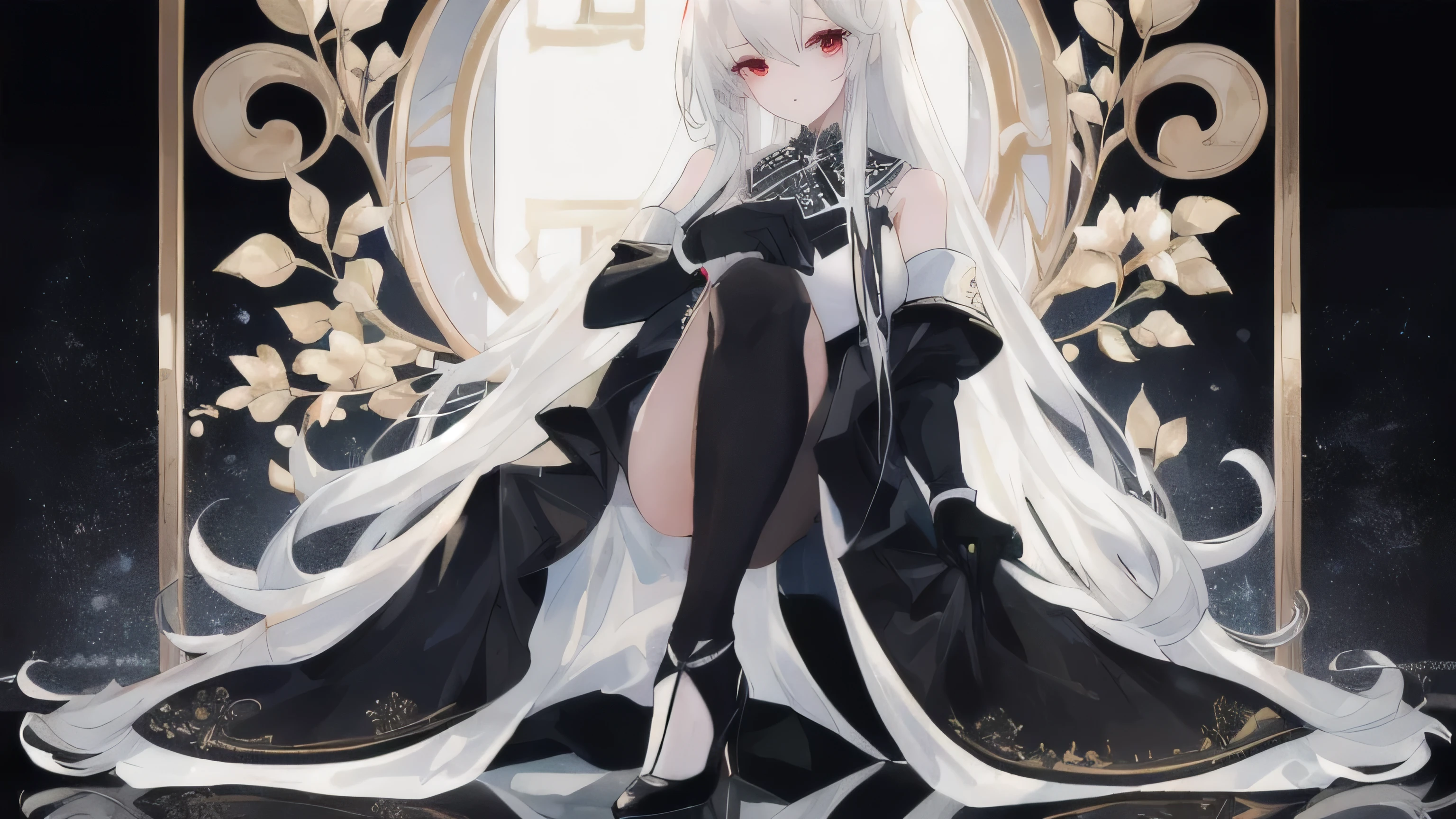 ((best quality)), ((masterpiece)), (masterpiece), best quality, cold eyes, perfect face,high res, ultrasharp, 8K,
masterpiece,(detailed),white long hair,beautiful,sexy,mature,hour glass shape,black dress,elegant,black gloves,black heels,red eyes,stockings
