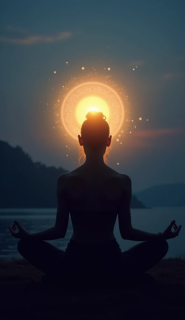 Silhouette of a person meditating with a golden aura around their head