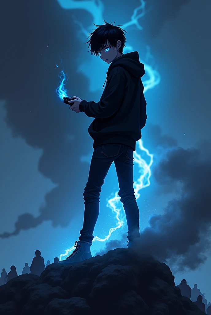 A shadow teen boy holding a PlayStation 5 controller ,anime style, while standing on a while standing on a shadow people, wearing a skinny jean,black hoodie ,dark smoke arising in the background,with blue glowing eyes with blue flame,with a small french crop hair style