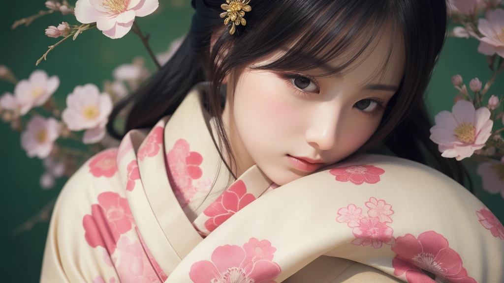 Realistic photos, Gentle eyes, Sad expression, Flowing black hair, Elegant kimono, Spring background, Calm expression, Soft lighting, Traditional Japanese art style, Vibrant colors, Peaceful atmosphere, Delicate features, Graceful posture