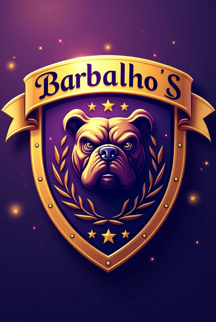 Create a shield for a football team called Barbalho GBC in Portuguese, purple and gold colors, bulldog
