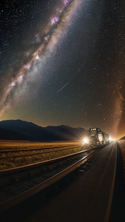 Galaxy Express 999,steampunk,Maneuvering with Ether,Transparent rail,space section,Numerous stars,Many Galaxies,Milky Way,Cruising at the speed of light,Seeing the Earth in the distance,Going to Andromeda,Wide angle of view