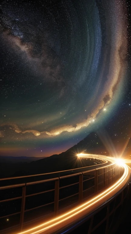 Galaxy Express 999,steampunk,Maneuvering with Ether,Transparent rail,space section,Numerous stars,Many Galaxies,Milky Way,Cruising at the speed of light,Seeing the Earth in the distance,Going to Andromeda,Wide angle of view