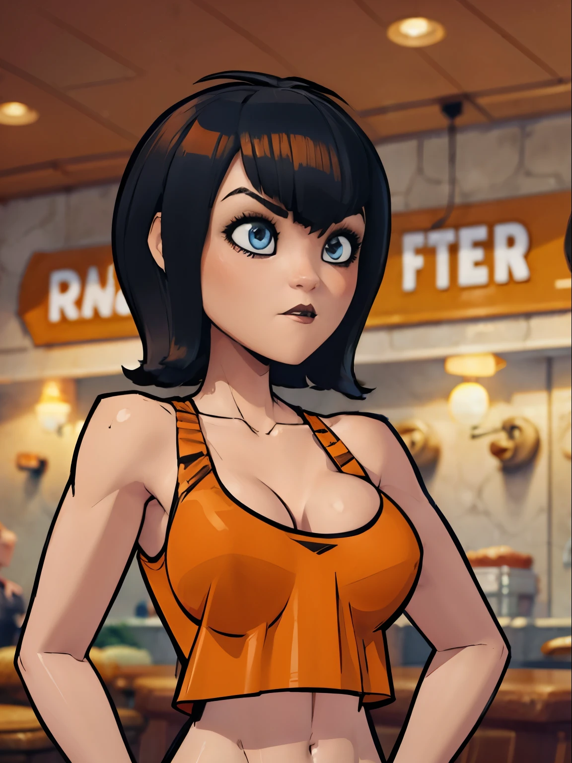 Mavis dracula, short black hair, blue eyes, small breasts, slim body, thin legs, Gorgeous and sultry busty athletic (thin) with sharp facial features and wearing a (Hooters uniform), thin fabric white tank top, "Hooters", orange minishorts, notepad, restaurant,  detailed nipples, 