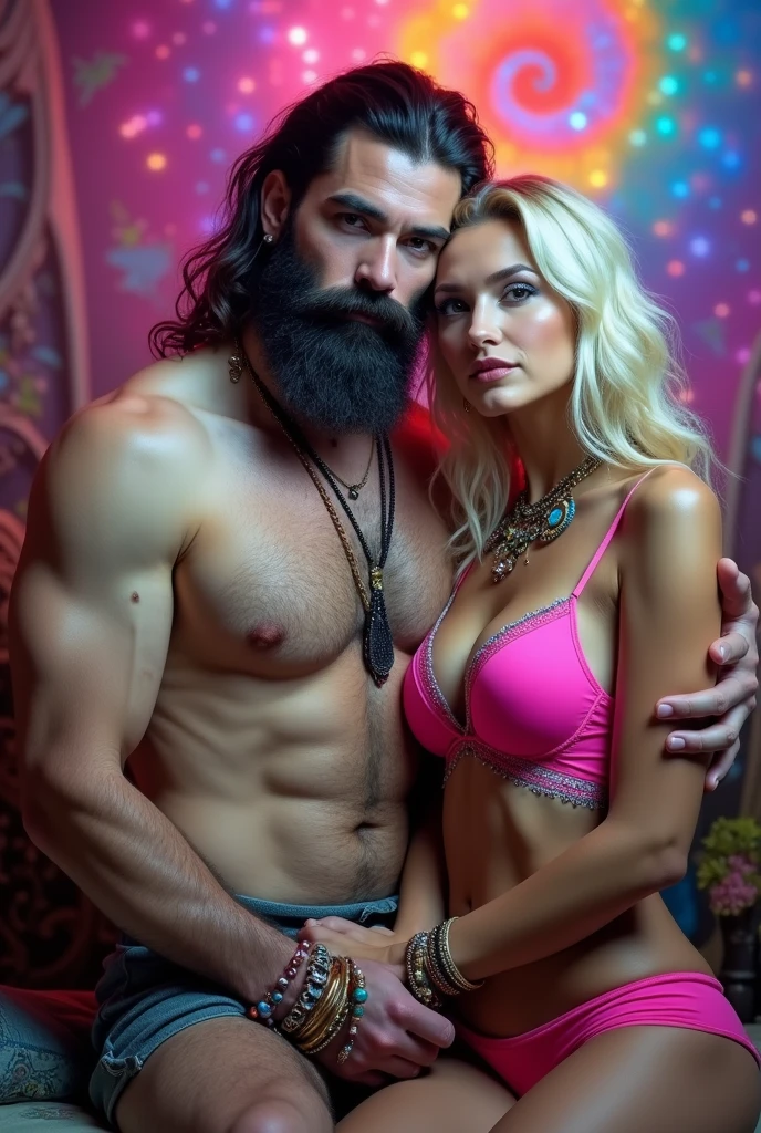 Sacred rebels, an extremely attractive couple. Dark bearded handsome bald shaman man with muscular upper body bare. Blonde fairie-like bimbo girl, dressed in flirtatious pink skimpy underwear, perky huge fake breasts, plenty of cleavage, hourglass body. Lots of hippie style jewelry. She is sitting in his lap, touching him sensually, facing the camera, looking into the camera. General tone of picture is vivid colors, dreamlike, psychedelic.