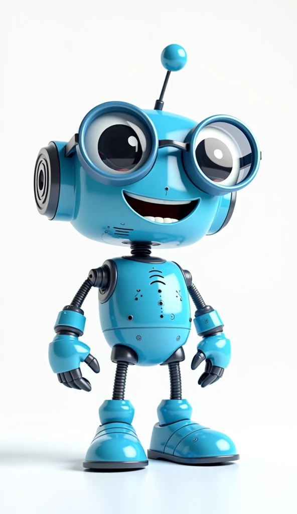 3D character of a friendly smiling nerd robot in blue standing in front of a white background