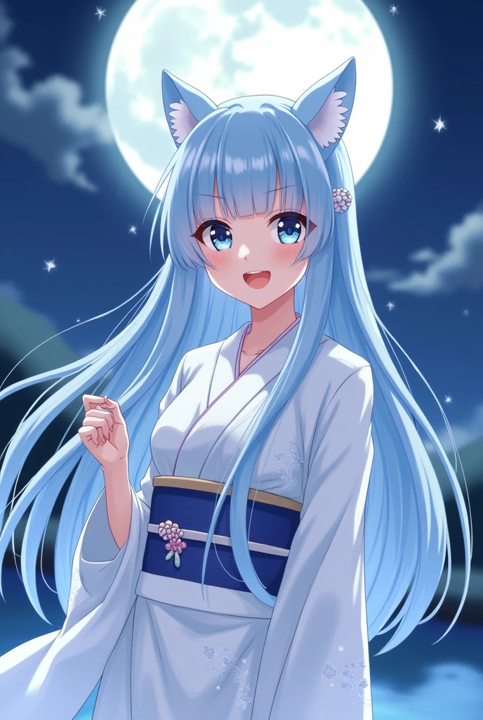 A photo of a girl with light blue, straight long hair, wearing a white kimono, grey eyes, a cheerful face, facing forward, white cat ears, a moonlit night in the background, and bangs cut straight across