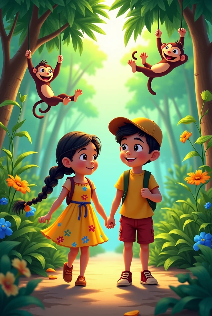 Two children Juan and Maria, a girl with a braid walking in a jungle, cartoon image 