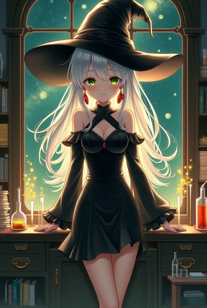 detailed anime illustration, 8K UHD, fantasy themed, ((night, night sky)), balcony, from side, 1girl, solo, long hair, looking at viewer, bangs, green eyes, large breasts, long sleeves, hair between eyes, red lips, jewelry, Close shot, white hair, red earrings, parted lips, glasses, black dress, black headwear, witch hat, round eyewear, ((very dark room:1.2)), indoors, test tubes on desk, laboratory, books, ((golden sparkling magic))