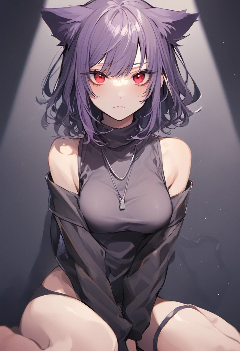 1 Girl, solo, Ghost in the shell SAC, MokotoKusanagi, Mokoto Kusanagi, One wire connected to neck, Wearing cropped cropped Turtleneck long sleeves, in front of you, wearing G-string and black long socks, Neko catgirl, sitting in W position looking at you, Red eyes, Purple hair, long curved upper bang, long side bangs, short back hair, simple white background, medium sized boobs, closed mouth, medium quality
