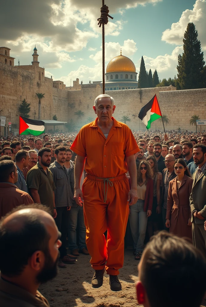 Netanyahu was hanged in front of people while wearing orange execution clothes. In Jerusalem and in front of the Palestinian flags