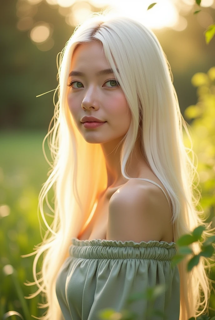 (photorealism:1.2), beautiful woman, white korean blond with green eyes, long straight hair, bunny kind features