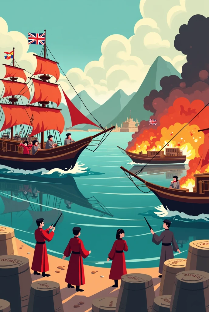 Central Scene:
A dynamic view of a Chinese port during the conflict, in animated series style, with simplified but expressive characters and elements.

On the left:

British Ships: Draw a pair of warships with a stylized and exaggerated design, using basic geometric shapes. Ships may have large sails and a British flag on top.. You can add details like large cannons with simple lines and smoke coming out of them..
British Characters: British characters may have striking uniforms in colors such as red and white.. Draw the little dolls with expressive faces, showing determination or concentration while manning cannons or observing the coast.
On the right:

Chinese ships: Represents Chinese ships in a simple way, with square or triangular sails. Ships may be on fire or damaged, with stylized flames and smoke in shades of red, orange and black.
Chinese Characters: Draw little dolls in traditional Chinese clothes, like robes and hats. Characters may have expressions of surprise or distress and be in the middle of activities such as trying to put out fires or defend their ships..
In the middle:

Action and Conflict: Use dynamic shapes to represent explosions and smoke. You can draw explosion clouds with wavy edges and bright colors to capture the action in a clear and visually appealing way..
Additional Details:

Sacos de Young: Draw opium sacks with simple and visible labels, perhaps with a label that says "Young" in big letters. You can display some bags on the coast or on the boats.
Civilians and Merchants: Adds additional characters such as Chinese merchants and civilians on the coast, with expressions of concern or flight. You can make them smaller and with less detail to emphasize the main action..
In the background:

landscape: Draw a landscape of mountains and hills in the background, using soft colors and simple shapes. Add a
