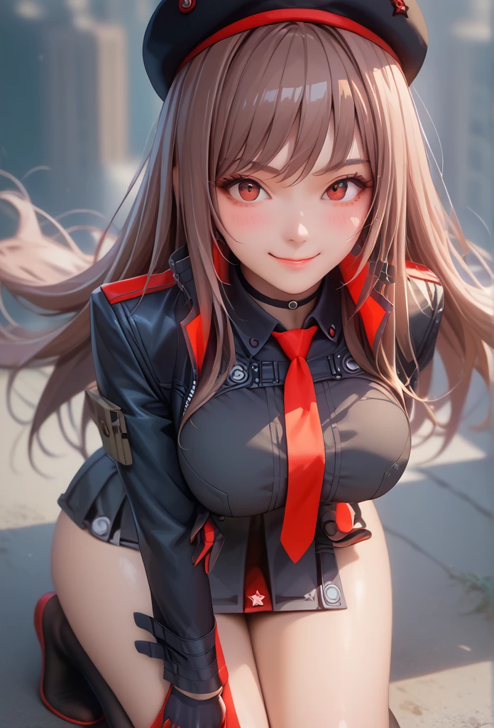 Lapidev, Red eyes, Brown Hair, Long Hair, bangs, beret, Black jacket, Cropped jacket, Red tie, gloves, Black Shirt, 
Knee socks,9,score_8_superior,score_7_superior,masterpiece,最高quality,Perfect Anatomy,so beautiful,Official Art,8k,Shiny_skin,fair_skin,white_skin, mini skirt、Thighs:1.4,Large Breasts:1.5,,choker、Erotic squatting、The body is facing forward、Symmetrical, Blushing, smile, High resolution, Anatomically correct, 最高quality, High-resolution model, High detail, quality, 高quality, Ultra high definition, Very detailed, 質感のあるskin, Gaze, 