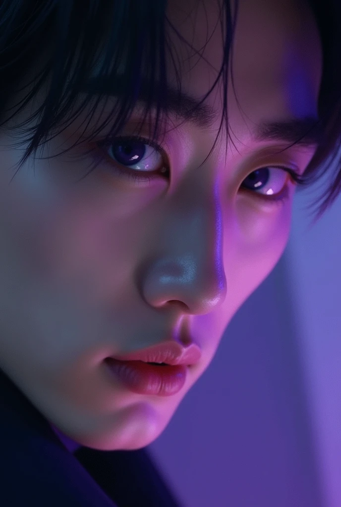 Violet and grey eyes in men and only the eye part can be seen, only that part of the face with two eyes and Asian features