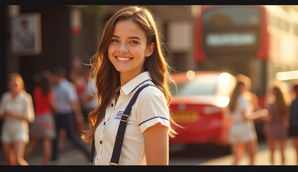 raw, analog, Nikon Z 85mm,((Best Quality)), ((masterpiece)), ((realist)),old image, beautiful french woman, 18, ((english school uniform)), Skirt , Great smile with visible teeth., , (Part:0.6), ((london street)), intricate details, Very detailed, sharp focus, professional, 8k, divine rays, hand model, beautiful blue eyes, , high resolution, detailed facial features, High detail, sharp focus, seeds, extremely detailed, Photo_\(ultra\), Photoreallistic, realist, Post treatment, maximum detail, roughness, real life, ultra realist, Photorealism, 8k hd, Semi-silhouette light, Deer way, ((long legs)),