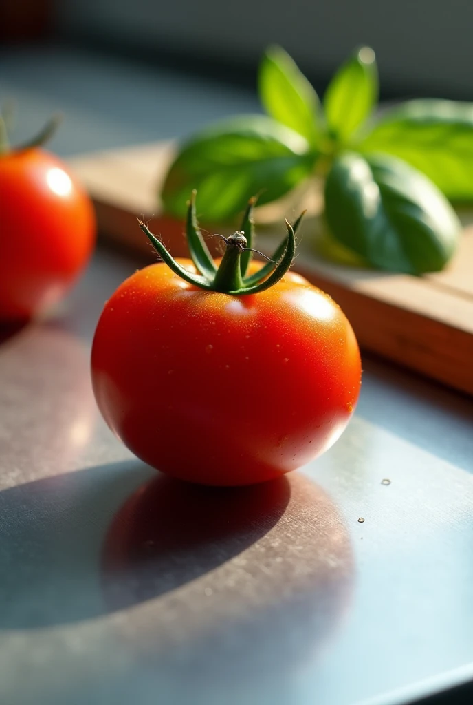 Cherry tomato with symptoms of sinking on an aluminum counter