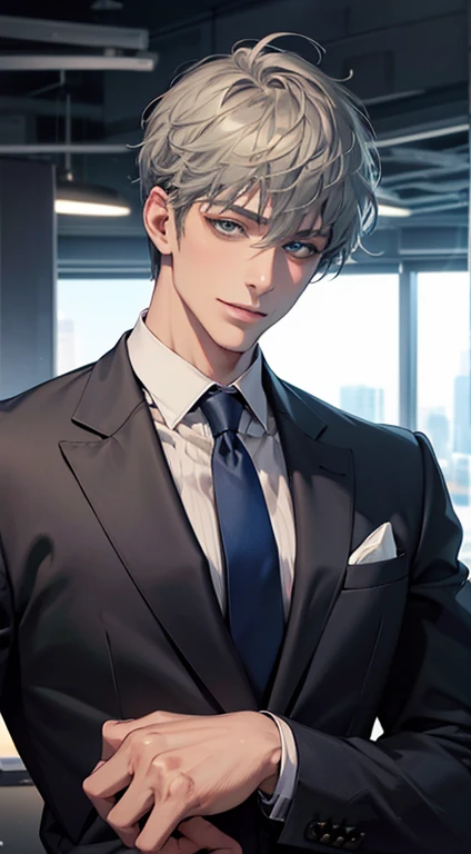 (Highest quality,4K,8K,High resolution,masterpiece:1.2),Super detailed,(Realistic,photoRealistic,photo-Realistic:1.37),1 person,31 years old,Mature Men,Beautiful skin、very handsome,Expressionless,smile,Short gray green hair,blue eyes,Sharp Eyes,A perfect face without a doubt,Businessman,Office Background,Cinema Lighting,HDR image,tie、