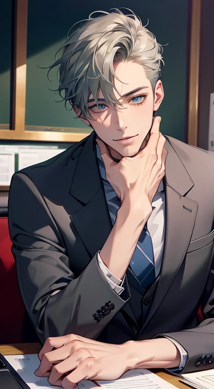 (Highest quality,4K,8K,High resolution,masterpiece:1.2),Super detailed,(Realistic,photoRealistic,photo-Realistic:1.37),1 person,31 years old,Mature Men,Beautiful skin、very handsome,Expressionless,smile,Short gray green hair,blue eyes,Sharp Eyes,A perfect face without a doubt,Businessman,Office Background,Cinema Lighting,HDR image,tie、