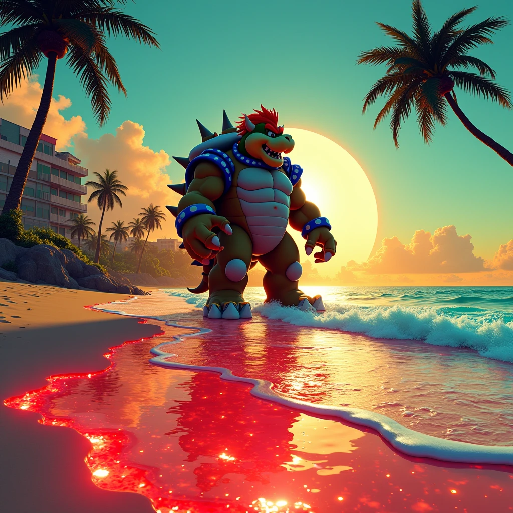 black shadow of bowser on a beach in vice city gta burning in red lava
