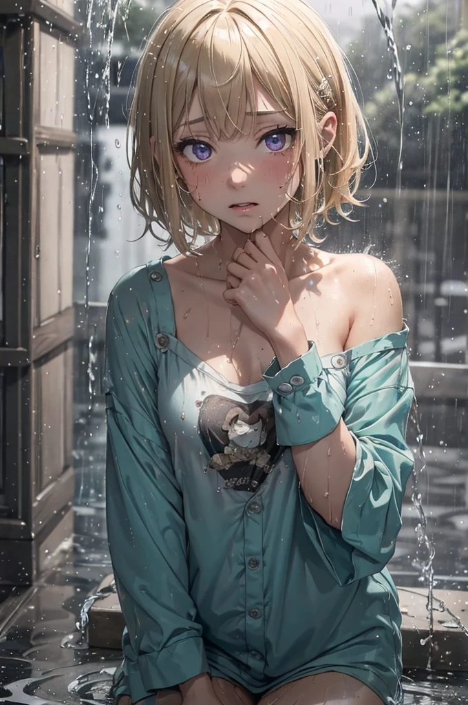 (master quality, extreme detail, amazing eyes), (((raining, heavy rain, soaking wet, very wet, drenched, lots of rain drops), ((depressed purple eyes)), (short caramel-blonde hair), (Very dark image, very dark nighttime, barely illuminated, single dull amber light source), (soaking wet, drenched with rain, raindrops, heavy rain, lots of rain), ((soaking wet hair, hair clinging to her face, dripping wet hair, water dripping off her soaked hair)), 1girl, completely naked but for a teal coloured buttoned-up pyjama top, nude, stunning purple eyes, Bright eyes, B-cup breasts, small chest, slender body, short hair, outside, comfy pyjama shirt, the sole source of light is an amber street light, street, pavement, town, pyjama shirt is very short, short buttoned pyjama top, detailed Pyjama top, very small chest, petit, B-cup breasts, ((Tiny chest)),