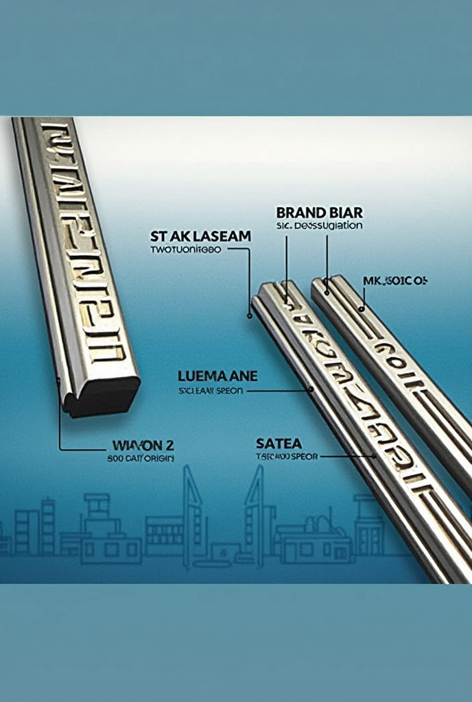 Create a high-resolution 3D image of two TMT steel bars, similar to the reference image. The steel bars should have the text "ALAM STEEL" engraved in bold, clear, 3D letters, mimicking the style of "AMRELI STEEL" from the provided image. Ensure that the text is of the same thickness, size, and depth as shown. The bars should be positioned diagonally with a reflective metallic surface, and the grooves on the rods should be highly detailed.

The background should have a similar blue gradient with subtle line patterns and a schematic outline of buildings, just like in the reference. The text "How to recognize the authentic" should appear at the top of the image, followed by a brand name placeholder on the right side (like "MAXIMA" in the reference image).

Additionally, include labels pointing to different parts of the steel bar, with descriptions such as "Main Ribs," "Point of Origin," "Size Designation," and "Type of Steel," exactly as they appear in the reference. The overall design should be photorealistic, with a focus on high quality, sharp details, and accurate reflections, just like the original image.
