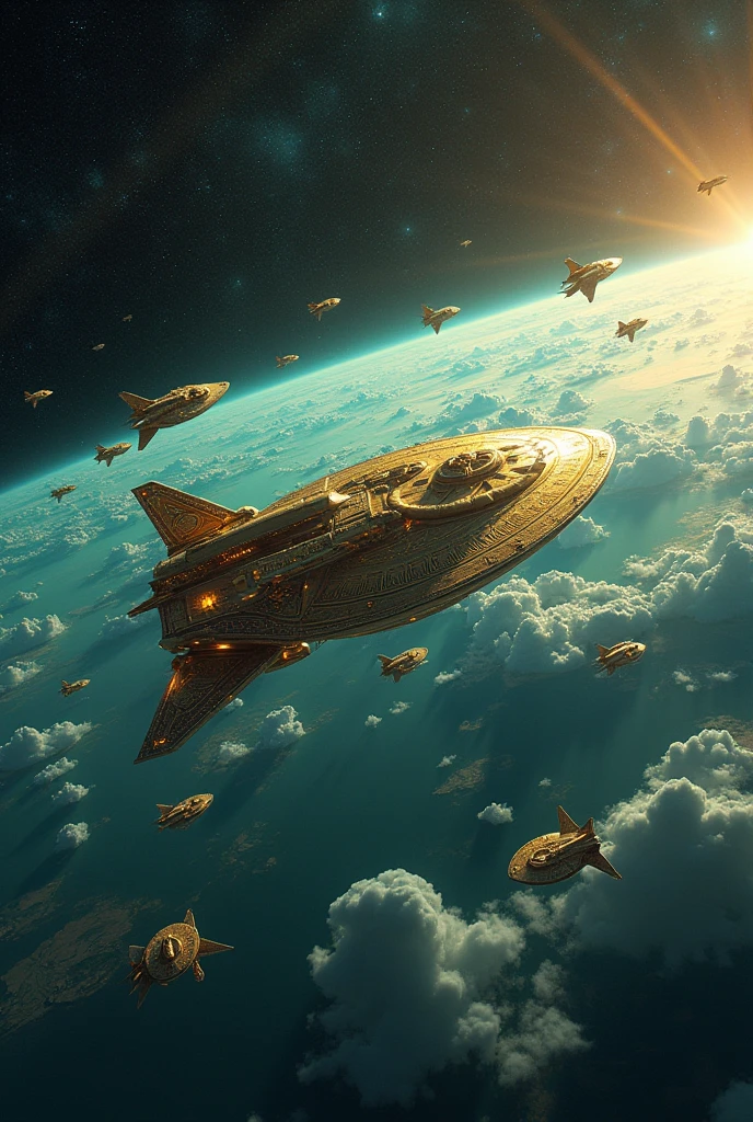 Hundreds of imperial golden spaceships in orbit surrounding a planet