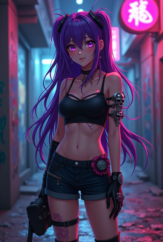 a sexy beautiful female sailor soldier with long purple hair, big eyes,detailed face, full lips, athletic build, wearing a short skirt with high boots, posing confidently, in a dynamic urban hiphop style setting, neon lights, graffiti wall, moody dramatic lighting, vibrant colors, cinematic 8k, conceptual art, digital painting